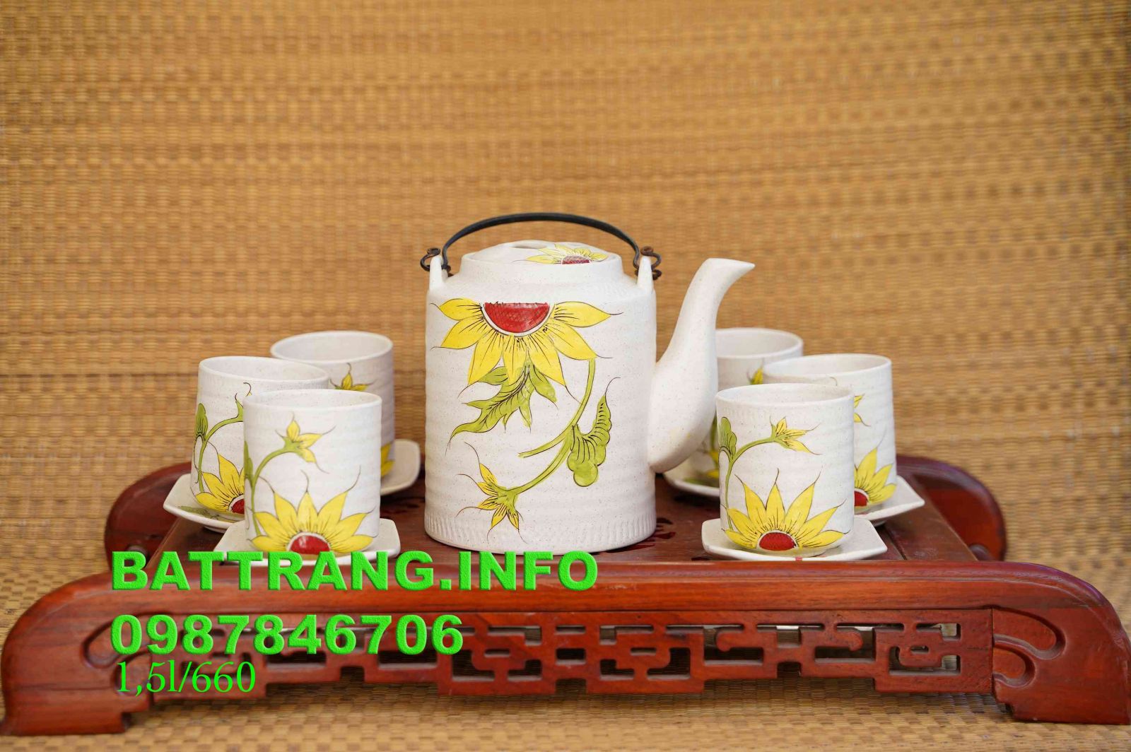 AT1- Bộ ấm tích men lạnh vẽ hoa mặt trời cao cấp 1,5l