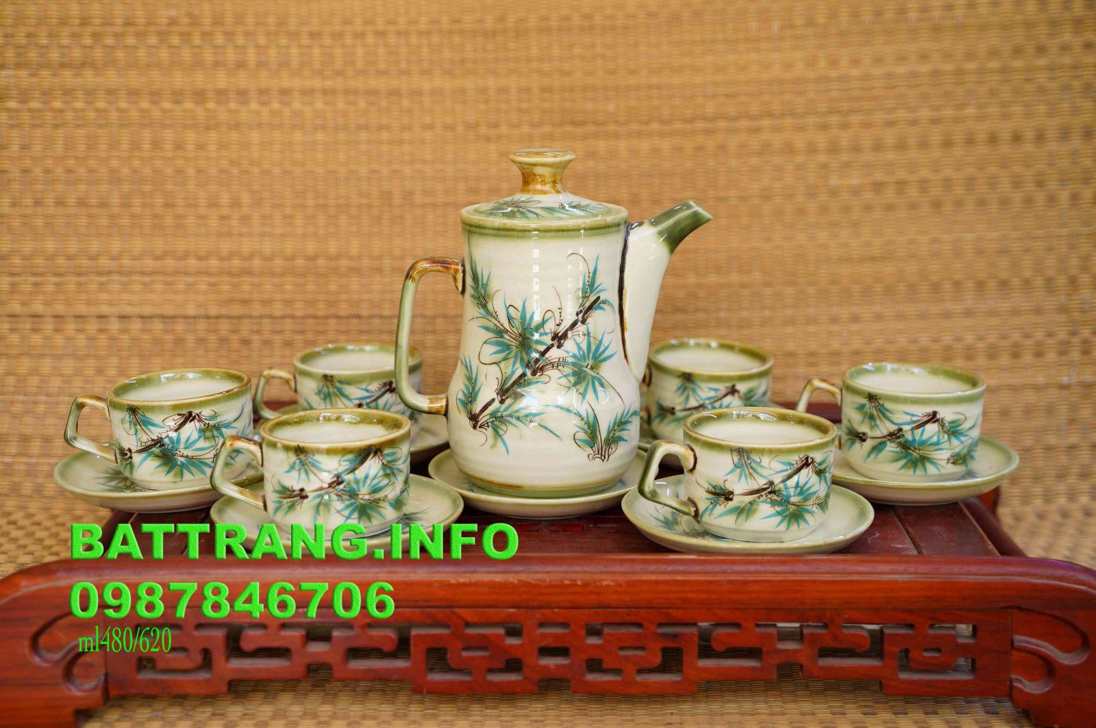 AT4- Bộ ấm chén trụ cao vẽ trúc xanh cao cấp BátTràn