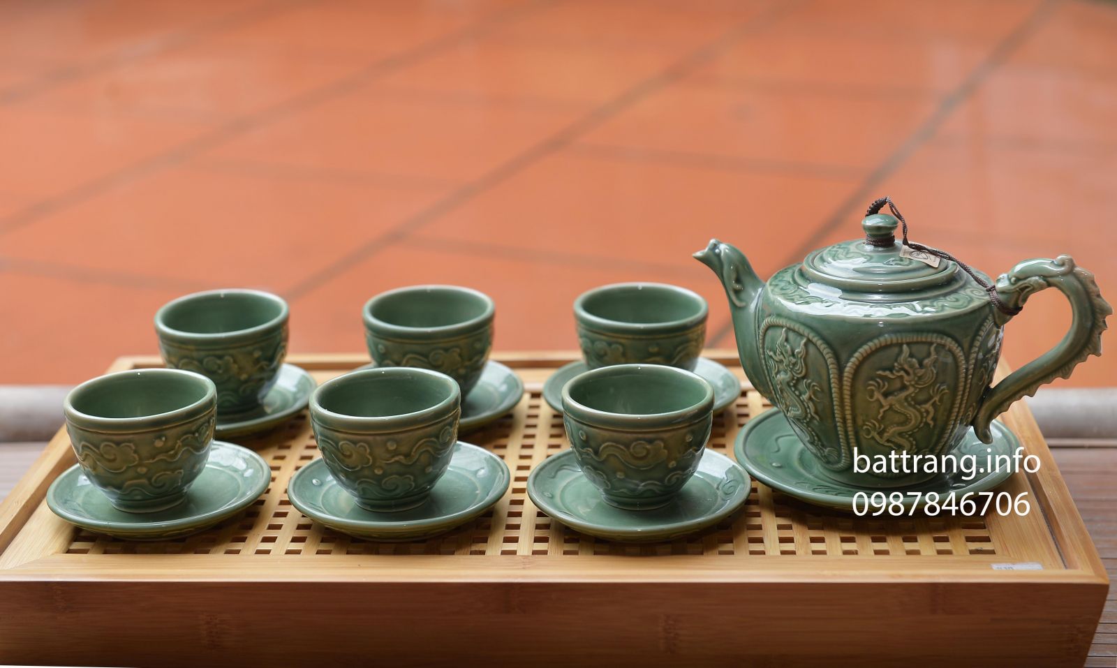 HB21- Bộ ấm chén quai rồng khắc nổi men hỏa biến cao cấp - ấm chén bát tràng