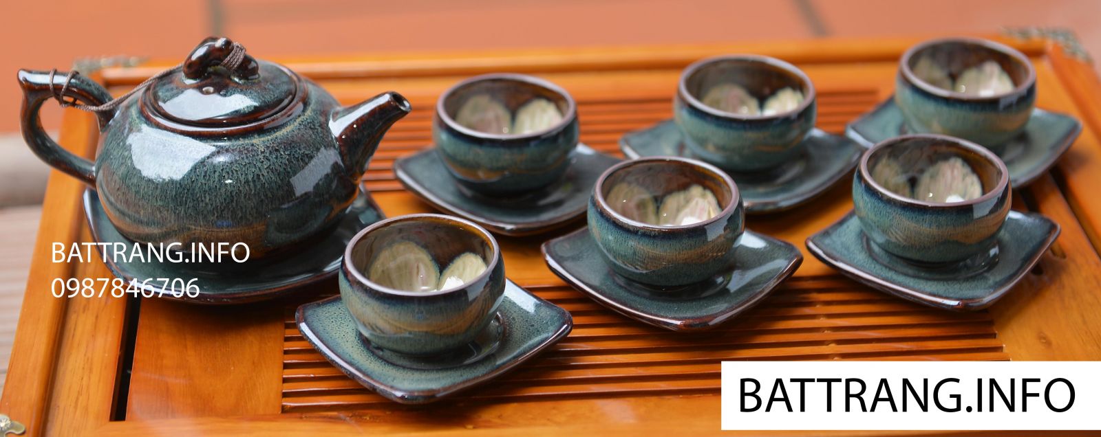 HB23- Bộ ấm chén ba chân men xanh hỏa biến cao cấp