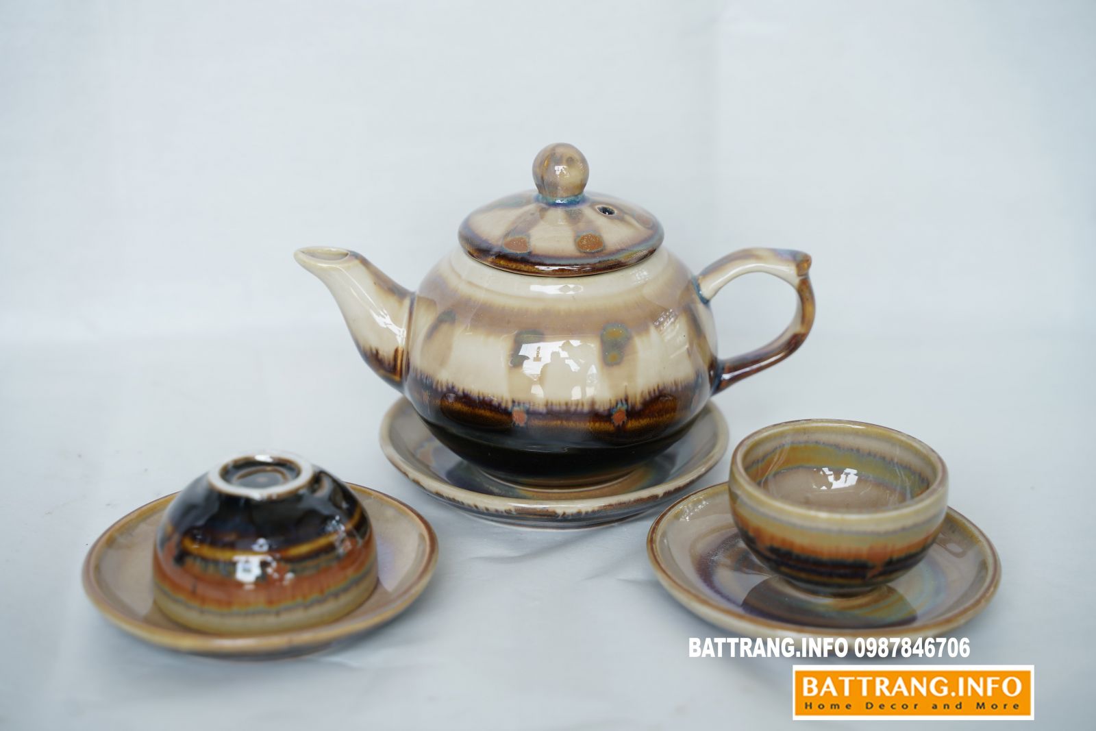 HB49-Ấm chén quả hồng men hỏa biến cafe sữa cao cấp