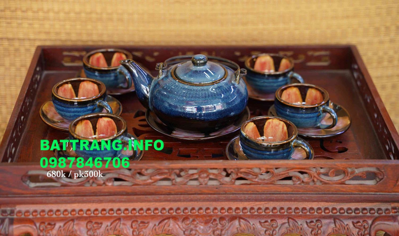 HB6- Bộ ấm chén dáng nhật quai đồng men hỏa biến xanh lòng hoa cao cấp BátTràng