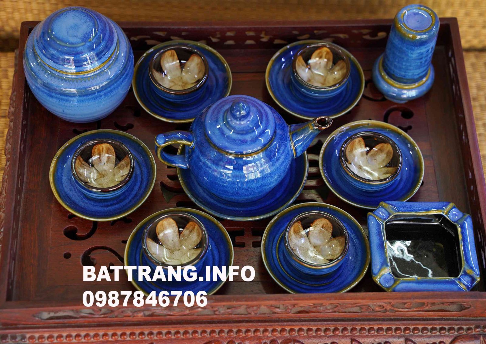 HB8- Bộ ấm chén dáng quả hồng men hỏa biến xanh lòng hoa cao cấp Bát Tràng