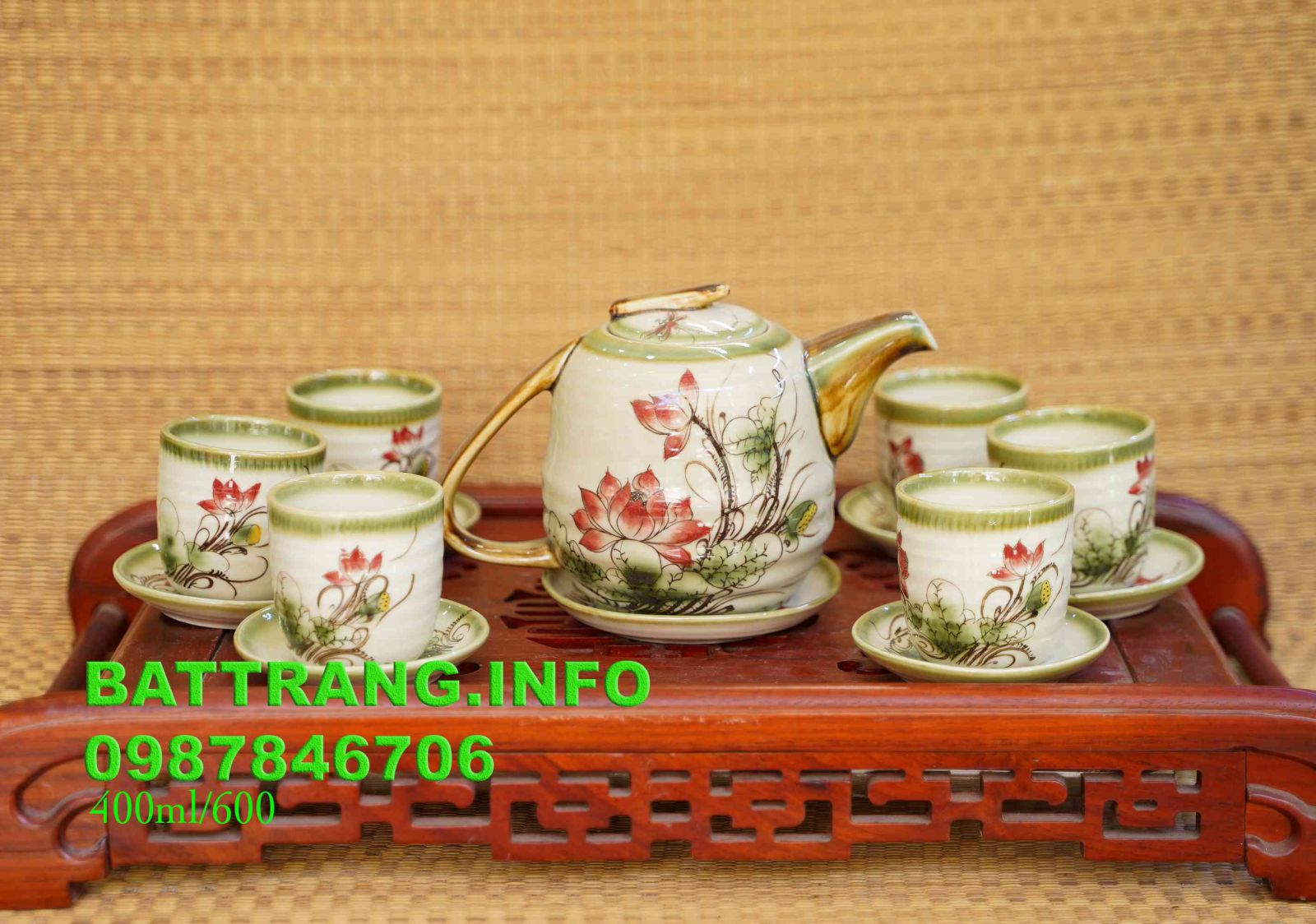 HV1 -Bộ ấm chén dáng quai xệ vẽ hoa sen đỏ cao cấp BátTràng