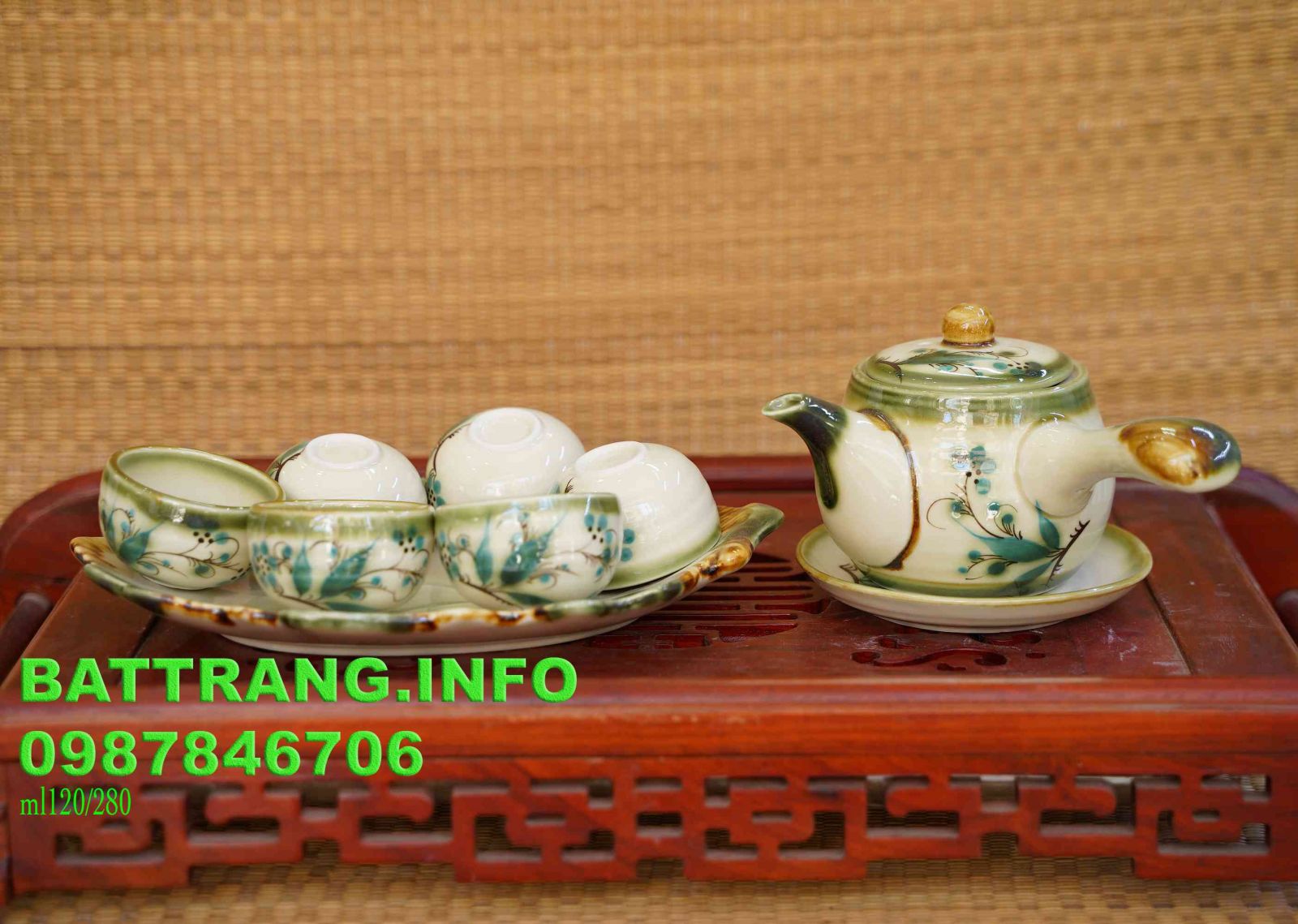 HV11- Bộ ấm chén tay ngang khay lá vẽ trúc xanh BátTràng