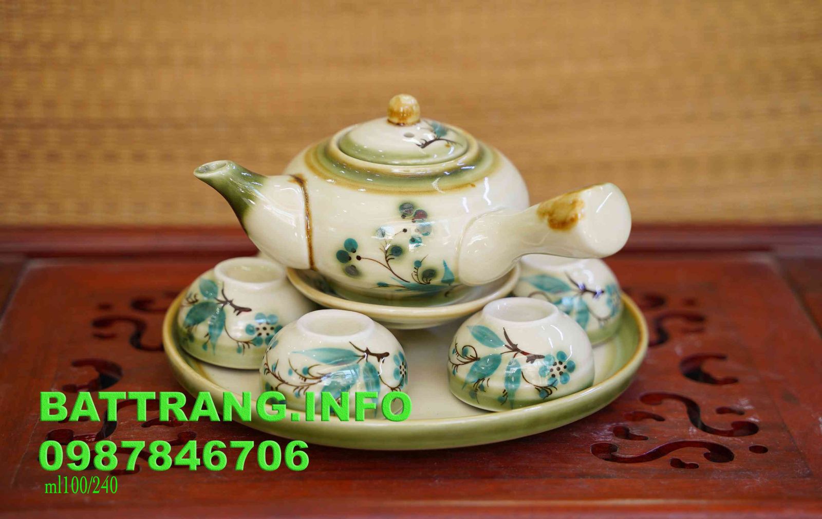 HV13- Bộ ấm chén tay ngang vẽ trúc xanh nhỏ cao cấp Bát Tràng