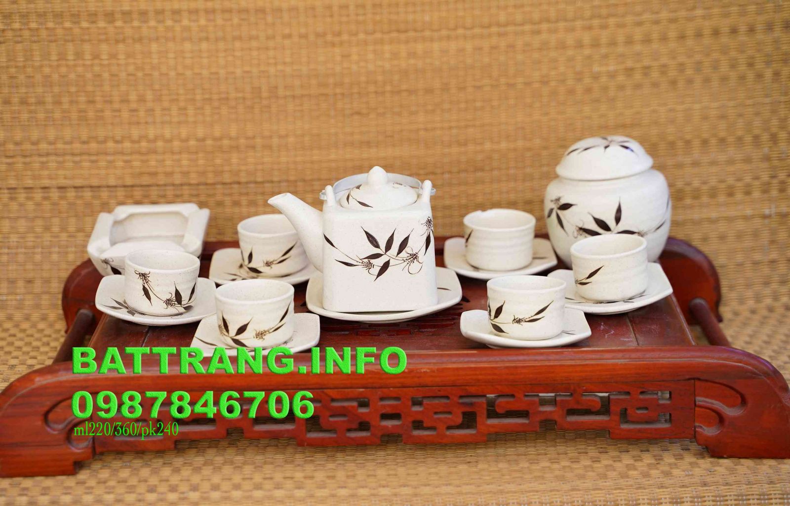 HV14- Bộ ấm chén vai vuông men lạnh vẽ trúc cao cấp + phụ kiện