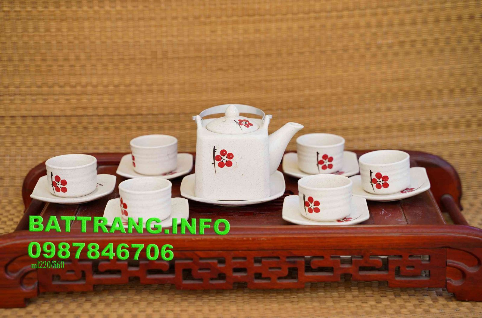 HV15- Bộ ấm chén men lạnh vuông vẽ hoa đào đỏ BátTràng