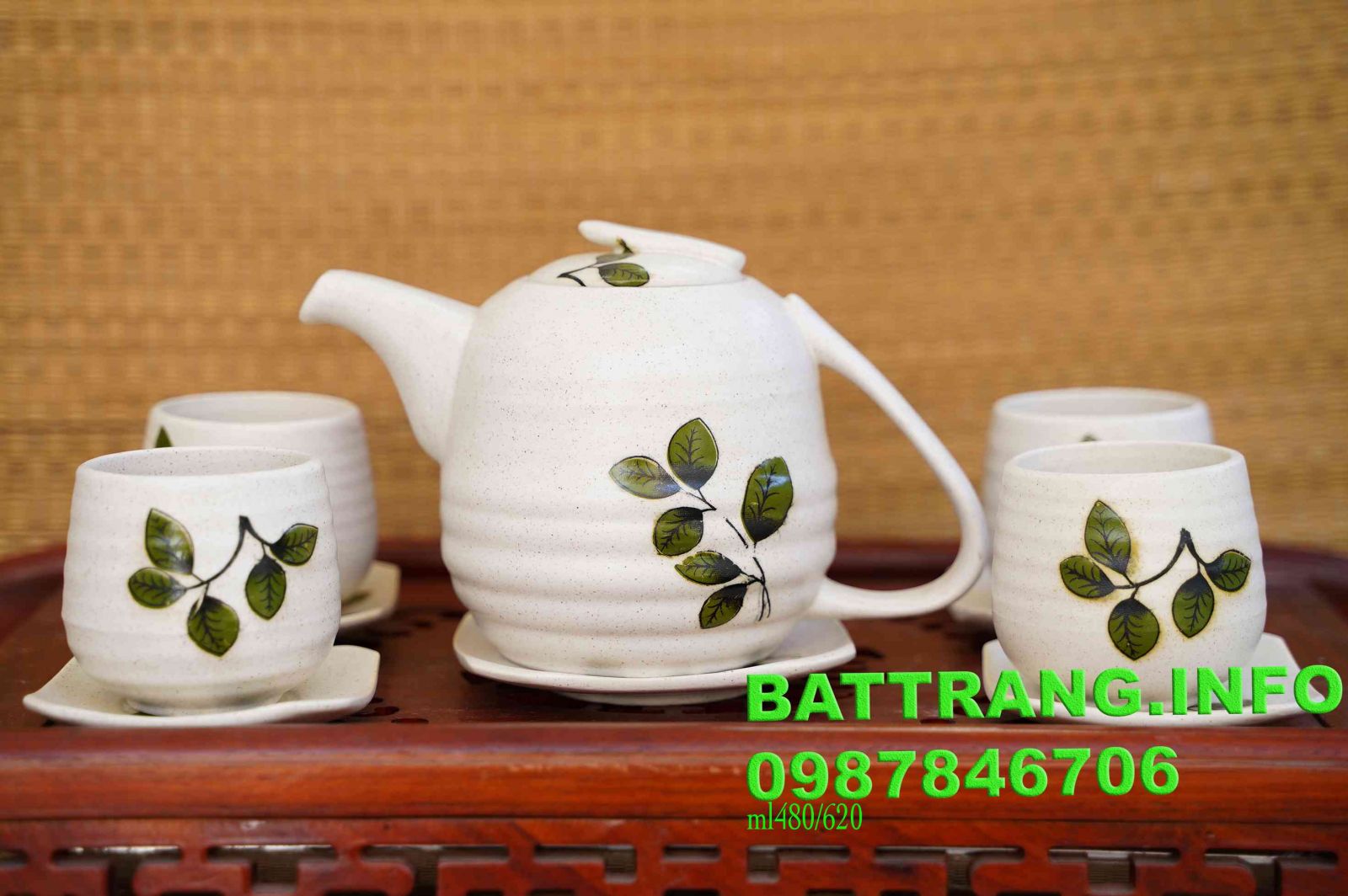 HV16- Bộ ấm tích uống nước men trắng lạnh vẽ lá trà cao cấp BátTràng