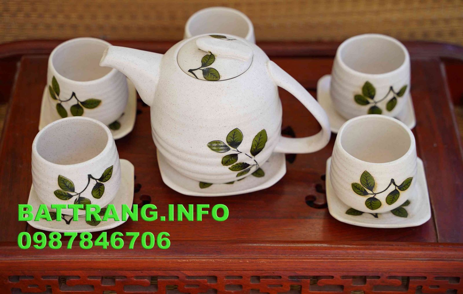 HV16- Bộ ấm tích uống nước men trắng lạnh vẽ lá trà cao cấp BátTràng