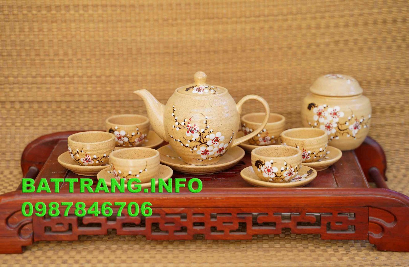 HV18- Bộ ấm chén dáng minh long men vàng vẽ hoa đào cao cấp BátTràng + hộp chè s3
