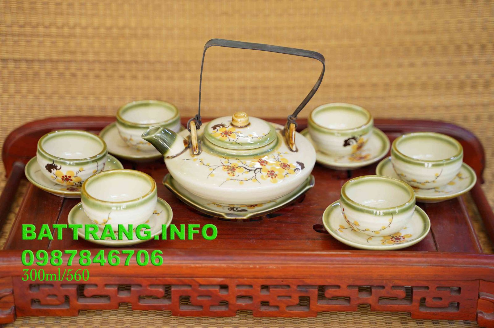 HV2 -Bộ ấm chén dáng đĩa bay quai đồng hoa mai cao cấp BátTràng