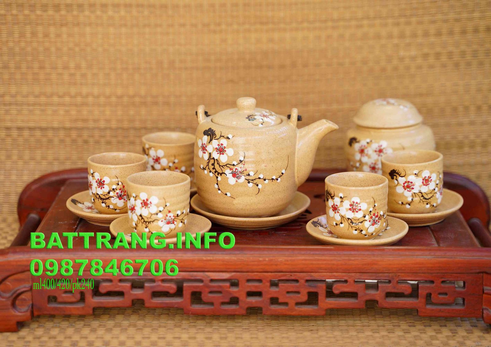 HV22- Bộ ấm chén dáng vại men vàng vẽ hoa đào cao cấp BátTràng + phụ kiện -