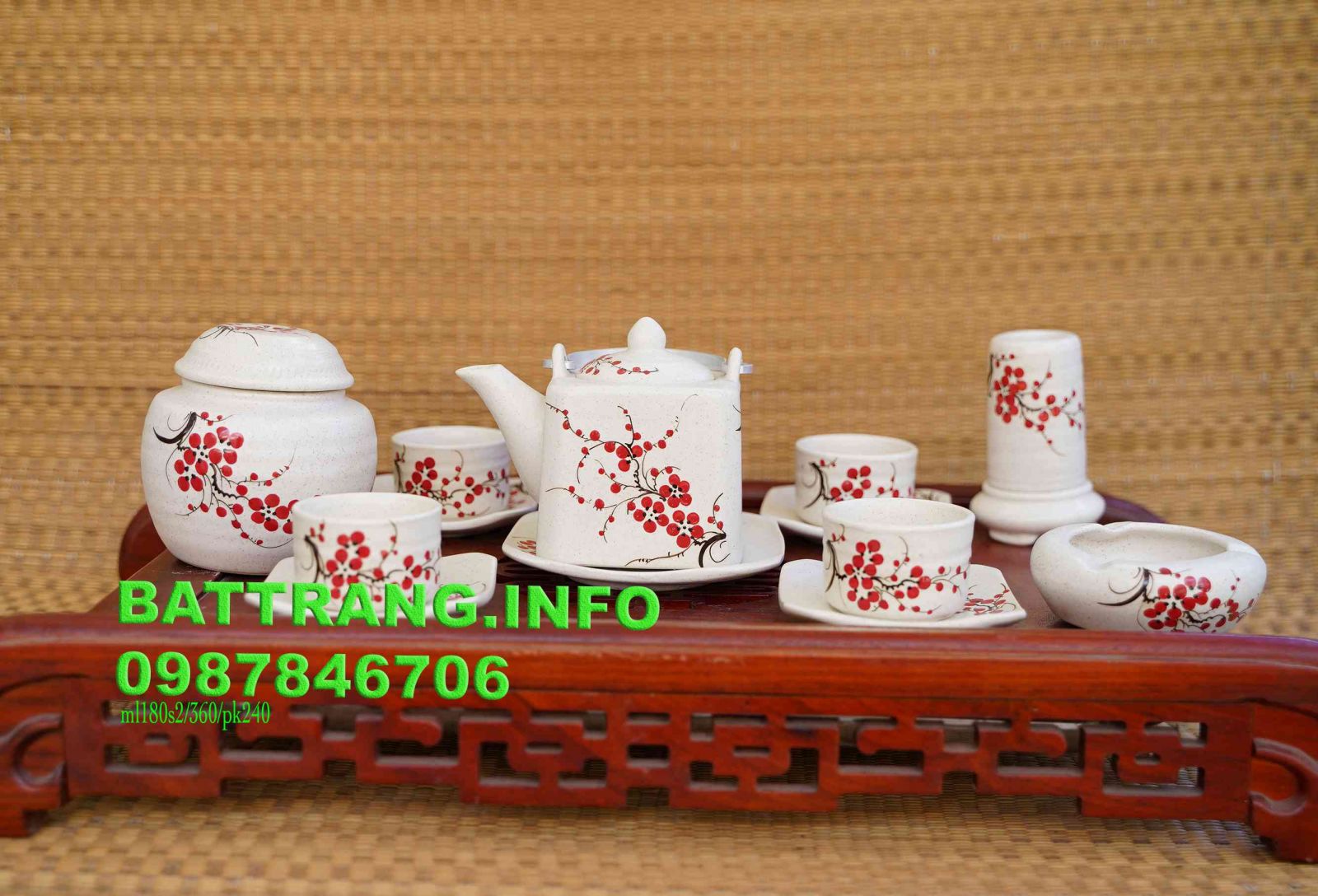 HV24- Bộ ấm chén vai vuông men sáo vẽ hoa đào đỏ cao cấp BátTràng + phụ kiện 4 món -