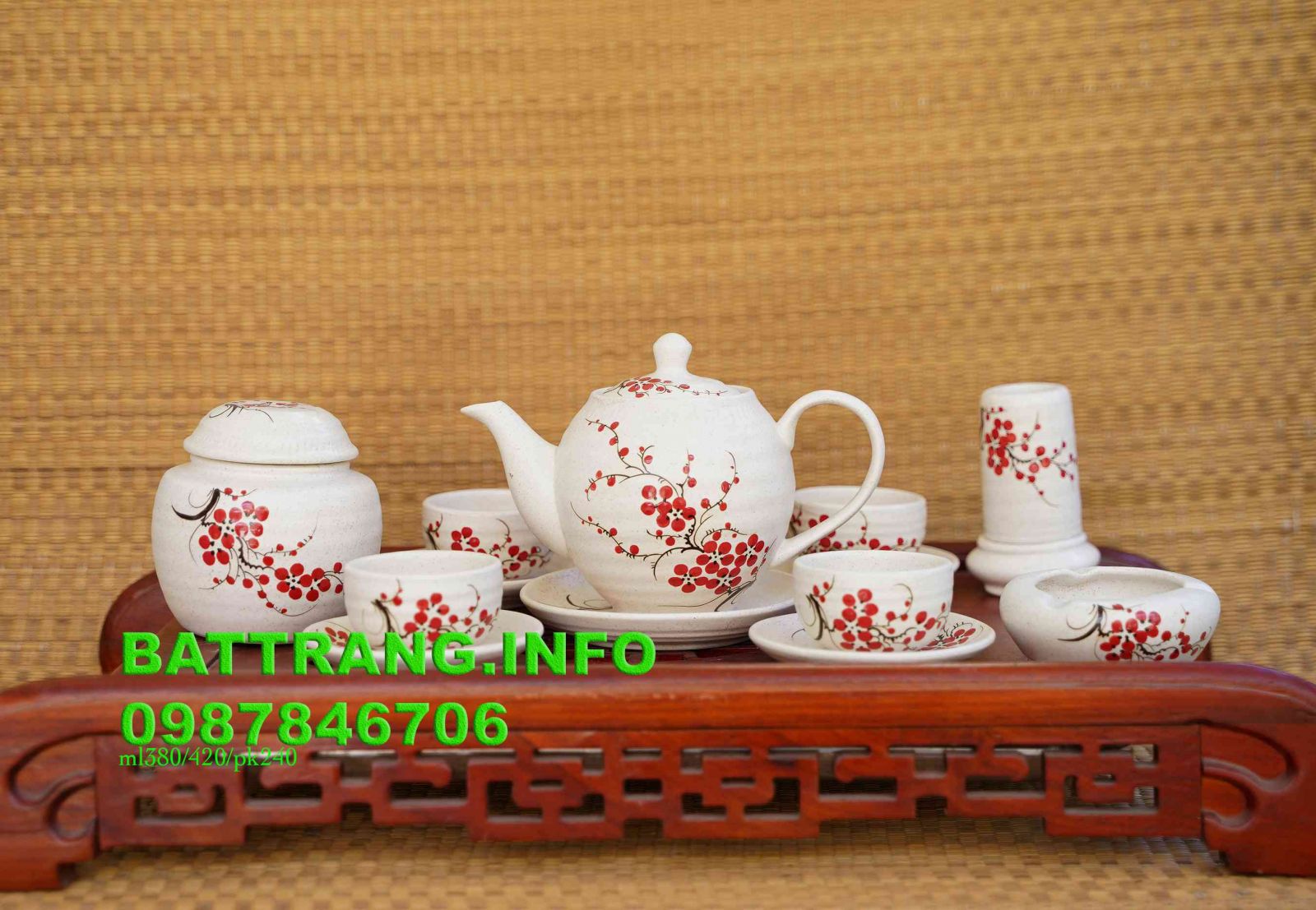 HV26- Bộ ấm chén dáng minh long men sáo vẽ hoa đào đỏ cao cấp + phụ kiện full -