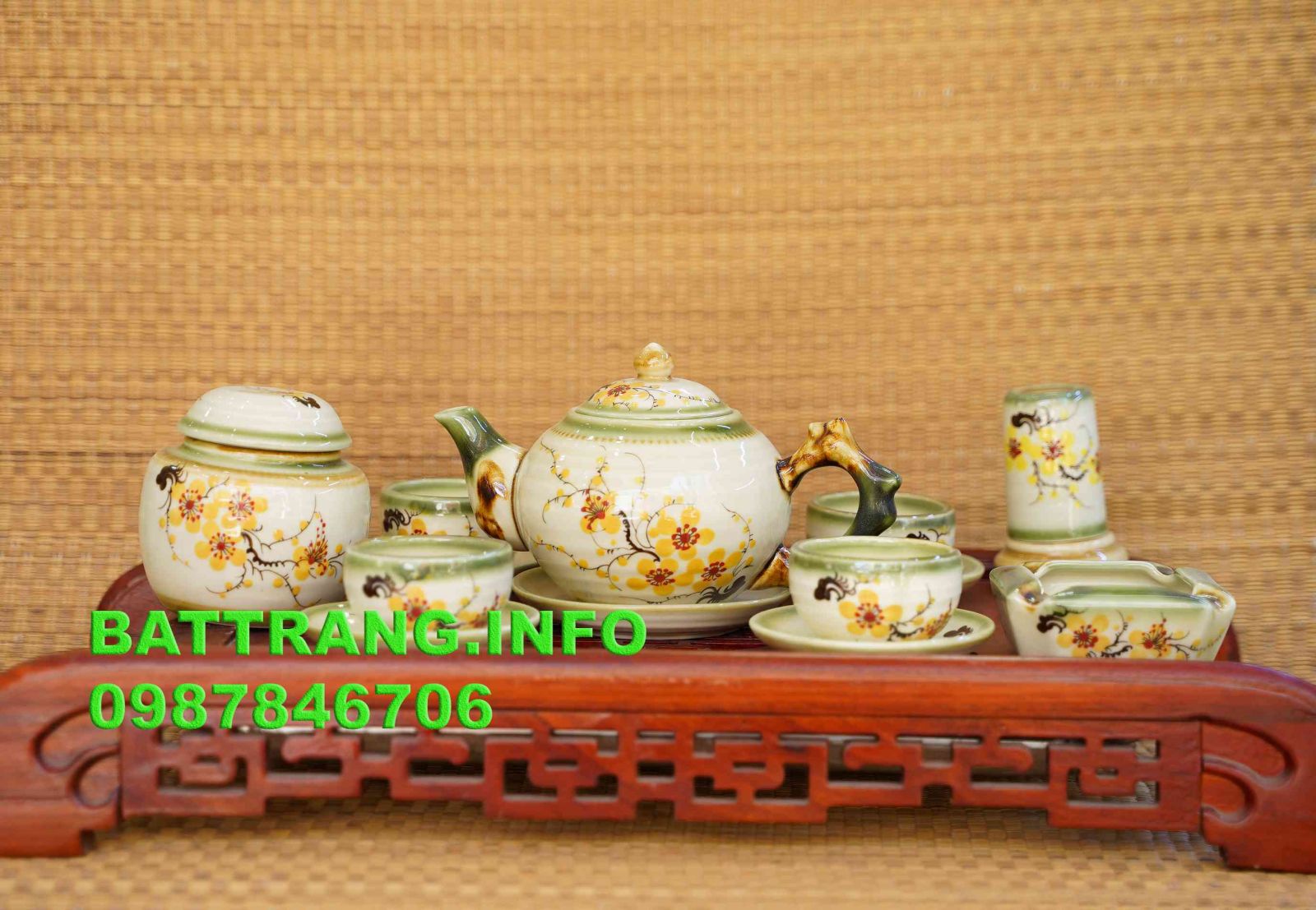 HV29- Bộ ấm chén dáng gốc cây vẽ hoa mai vàng cao cấp BátTràng - phụ kiện full -