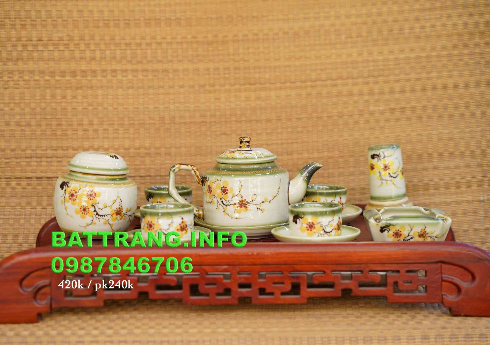 HV31- Bộ ấm chén dáng quai vuông vẽ hoa mai cao cấp BátTràng + phụ kiện full -
