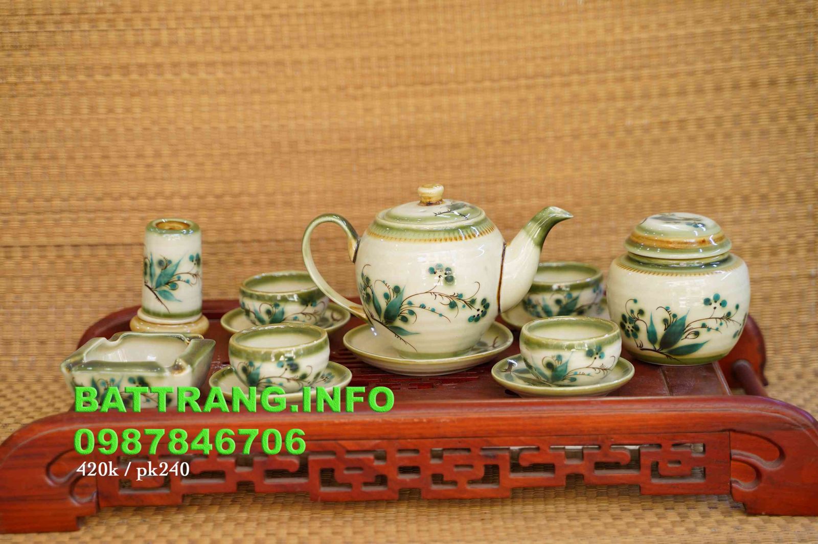 HV38- Bộ ấm chén dáng minh long vẽ hoa trúc xanh cao cấp BátTràng s1 -
