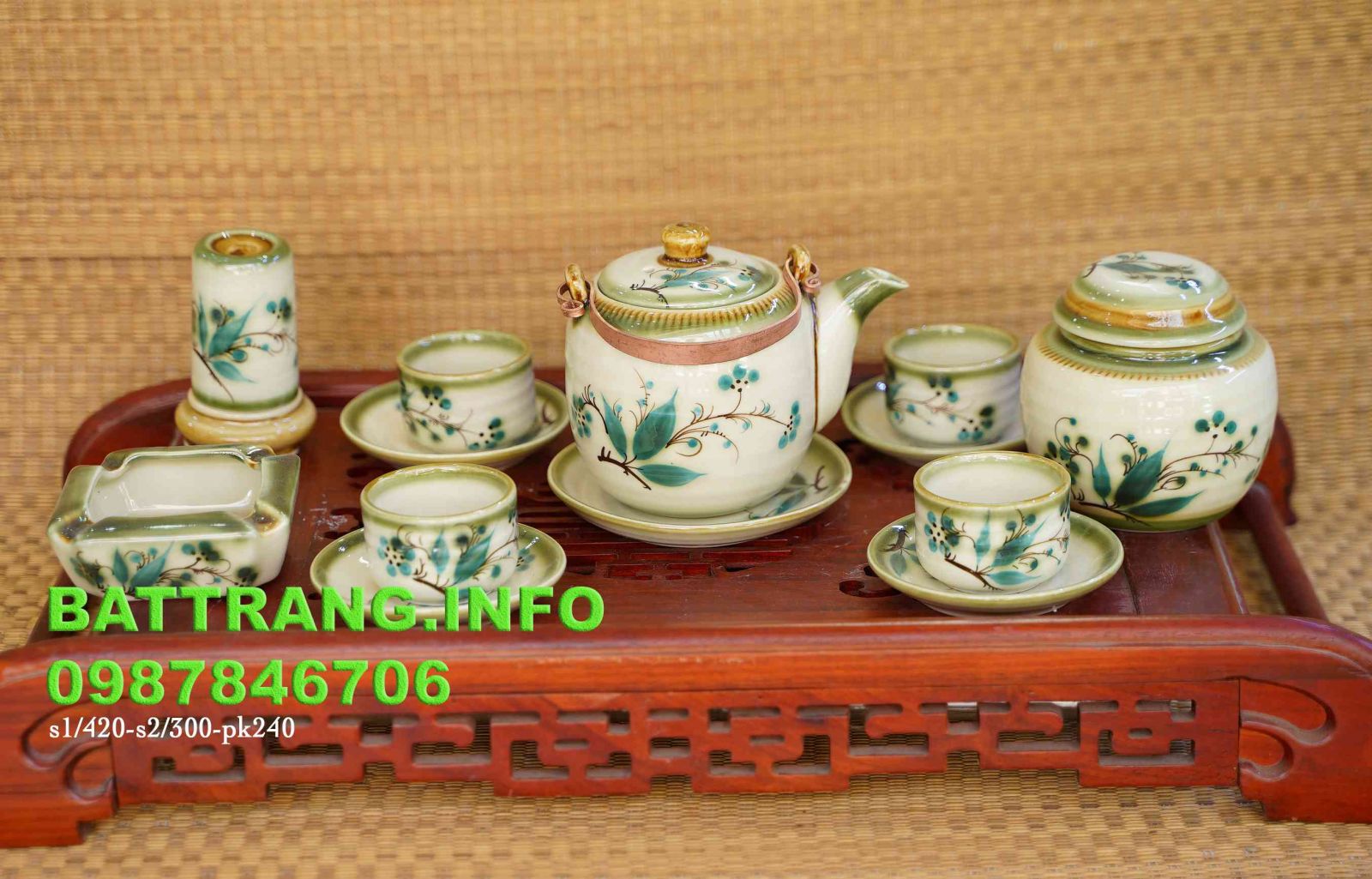 HV40- Bộ ấm chén dáng vại vẽ trúc xanh cao cấp BátTràng -