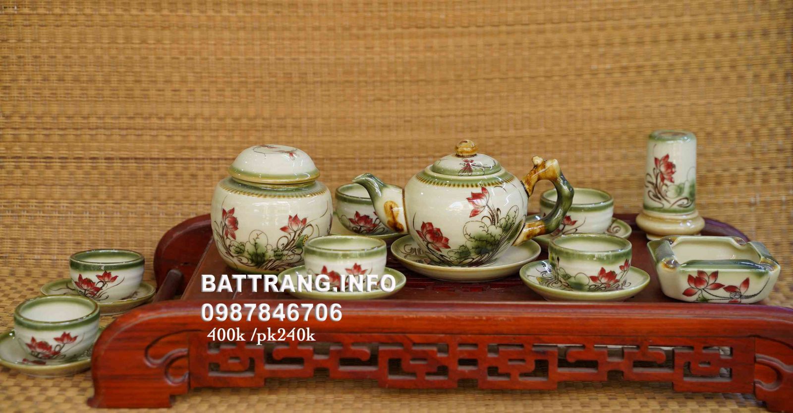 HV50-Bộ ấm chén vẽ hoa sen đỏ dáng gốc cây to s1 cao cấp Bát Tràng