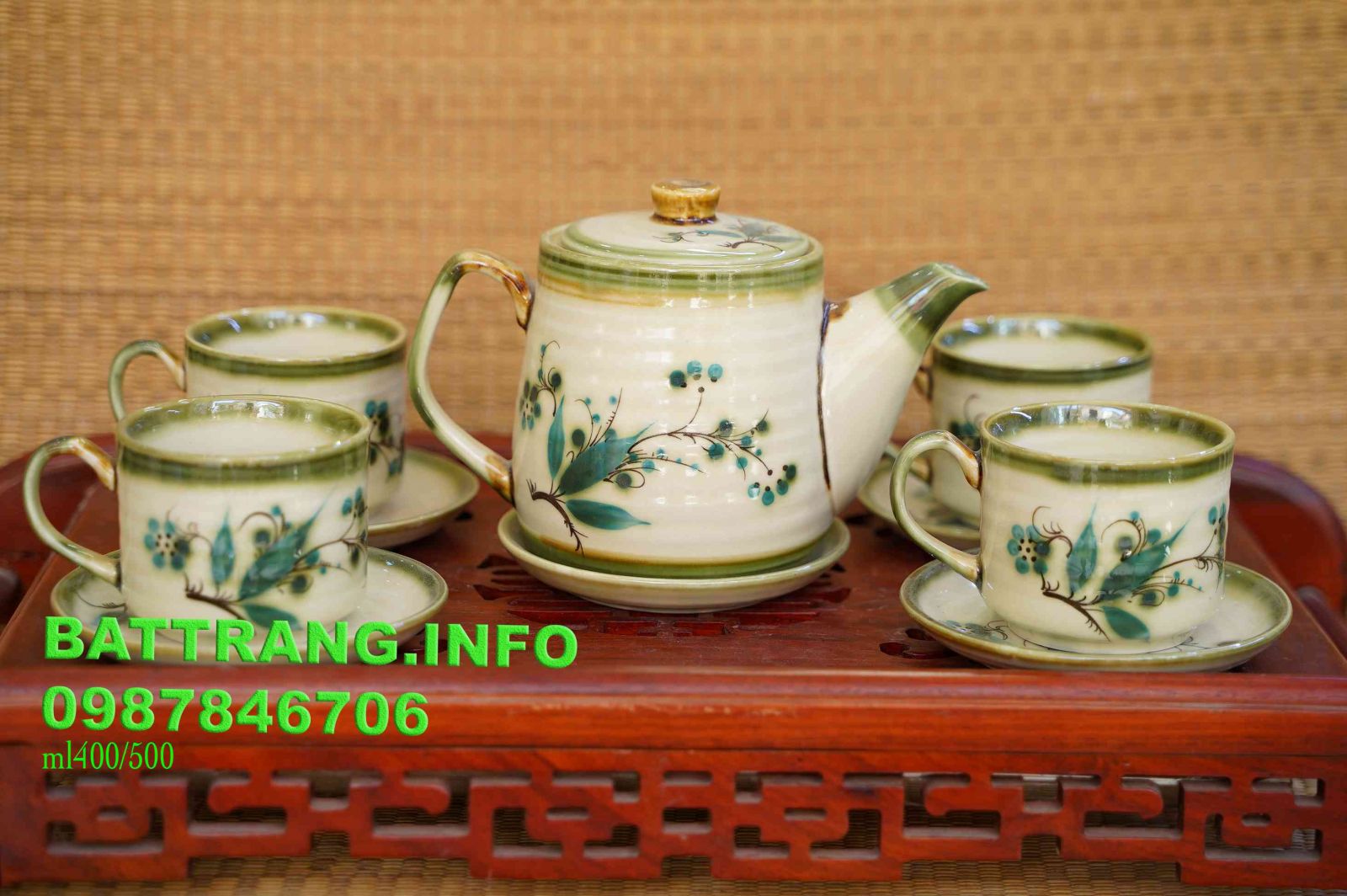 HV7- Bộ ấm chén dáng trụ cao vẽ hoa xanh cao cấp BátTràng