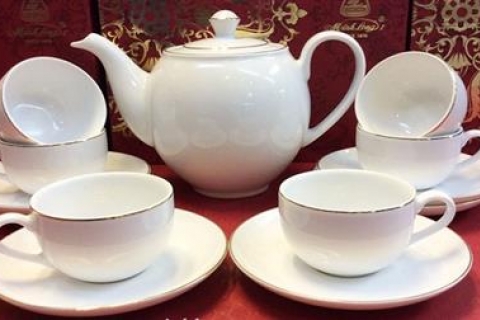 Bộ ấm chén linh long viền vàng, in logo vàng