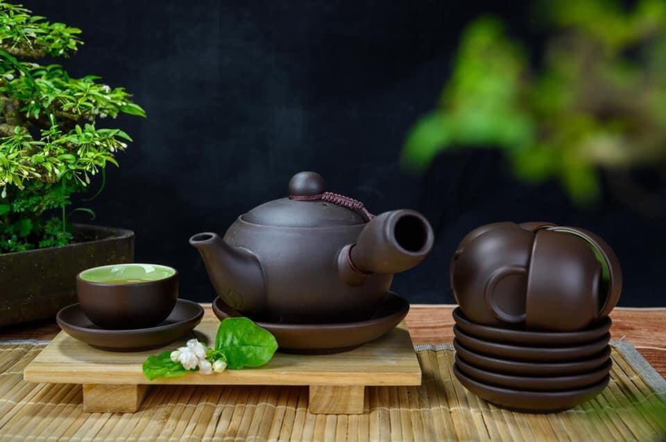 TS39-Bộ ấm chén tử sa tay ngang tách lót đen cao cấp