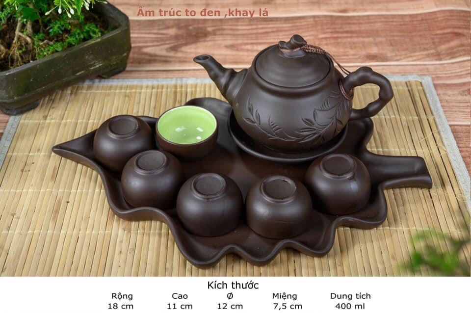 TS40-Bộ ấm chén tử sa đắp trúc khay lá cao cấp BátTràng