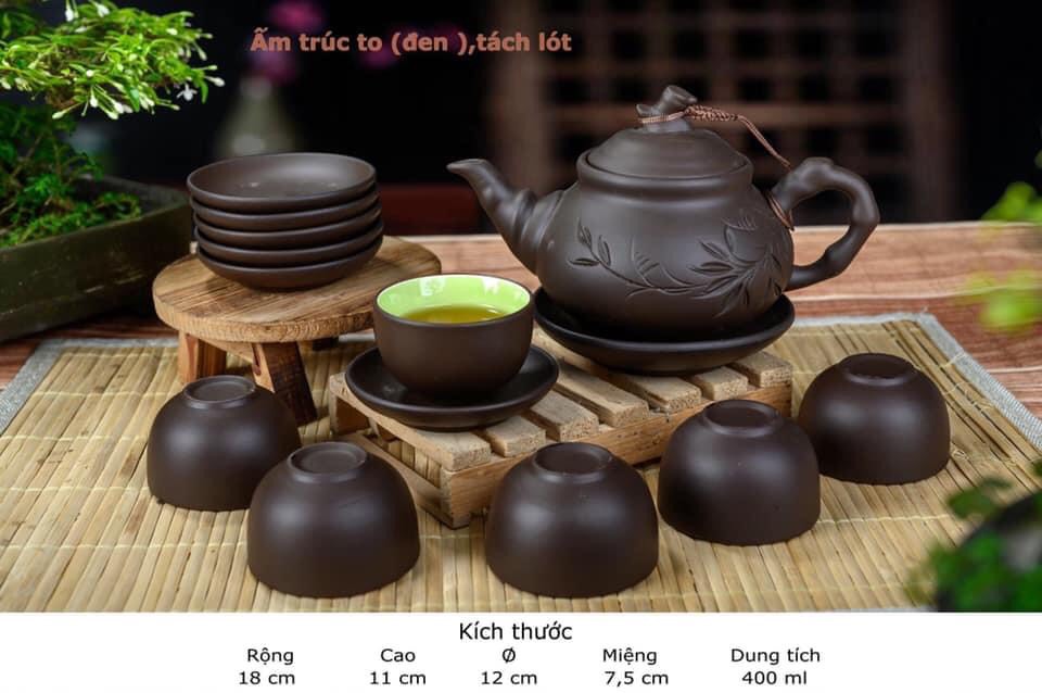TS44-Bộ ấm chén tử sa dáng trúc to đen tách lót cao cấp BátTràng