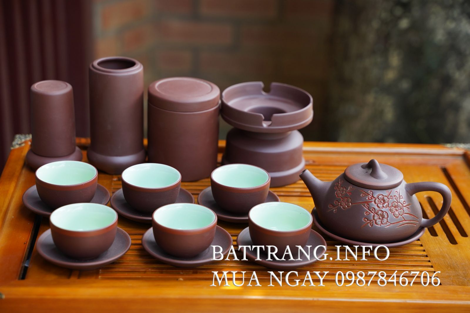 TS50-Bộ ấm chén tử sa khắc hoa đào nâu cao cấp + phụ kiện