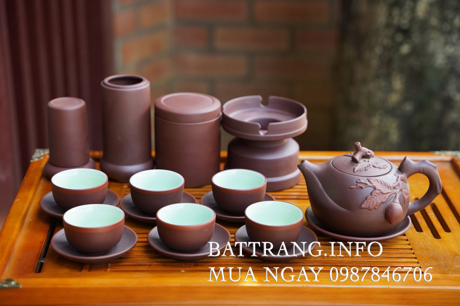 TS52- Bộ ấm chén tử sa Đại trường thọ nâu + phụ kiện đầy đủ