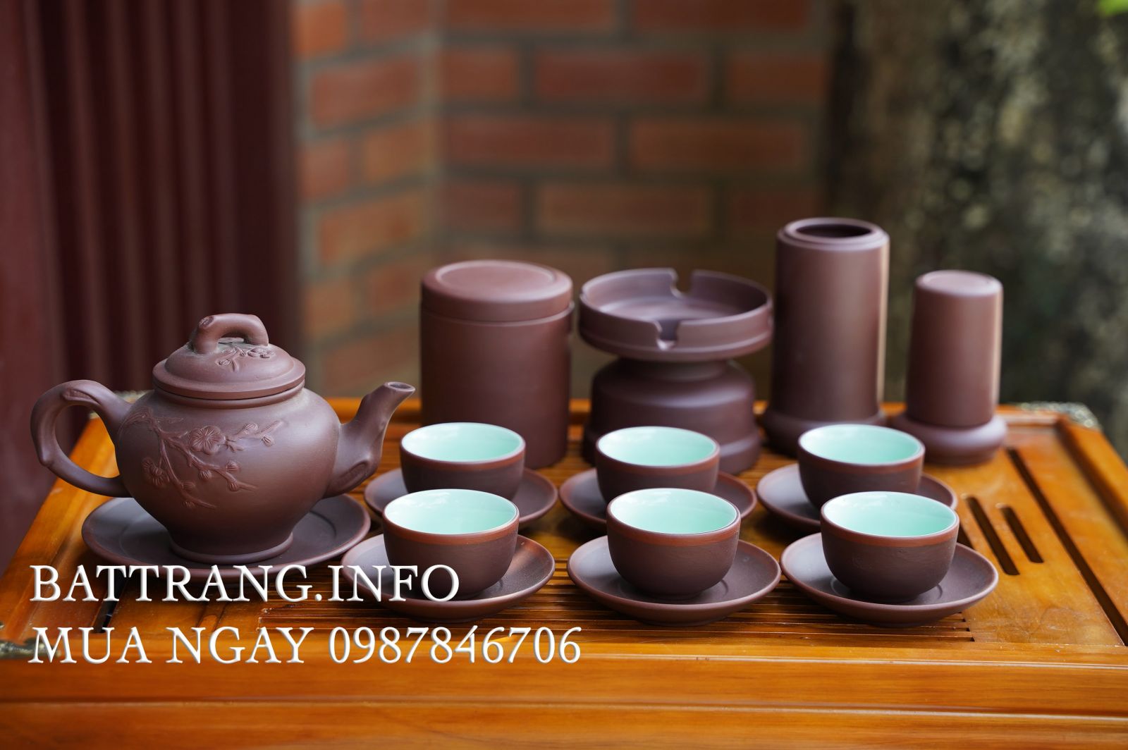 TS53-Bộ ấm chén tử sa Báo xuân cao hoa đào + phụ kiện đầy đủ s1