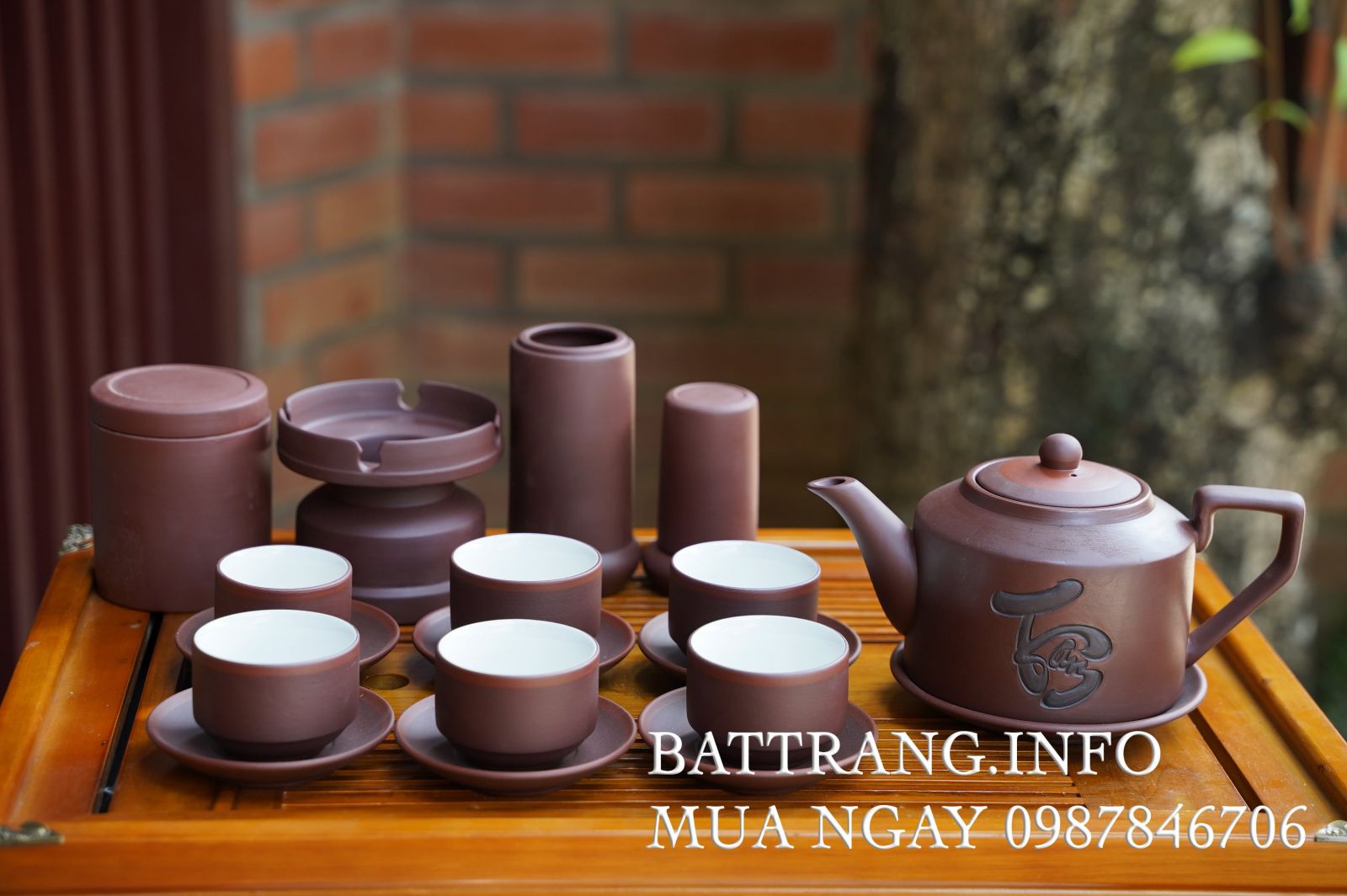 TS55-Bộ ấm chén tử sa dáng Tích vẽ chữ thư pháp chỉ đỏ + phụ kiện chỉ đỏ