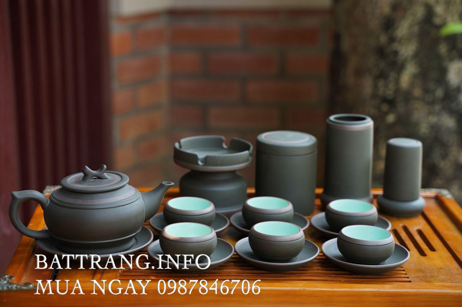 TS58-Bộ ấm chén tử sa trống đai chỉ xanh + phụ kiện cao cấp